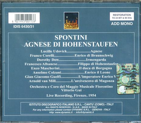 Agnese di Hohenstaufen - CD Audio di Franco Corelli,Lucille Udovich,Gaspare Spontini,Orchestra del Maggio Musicale Fiorentino,Vittorio Gui - 2