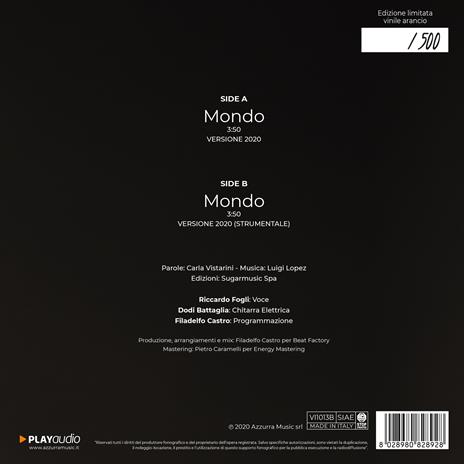 Mondo 2020 (feat. Dodi Battaglia) (Limited Edition - Orange Coloured Vinyl) - Vinile 7'' di Riccardo Fogli - 3
