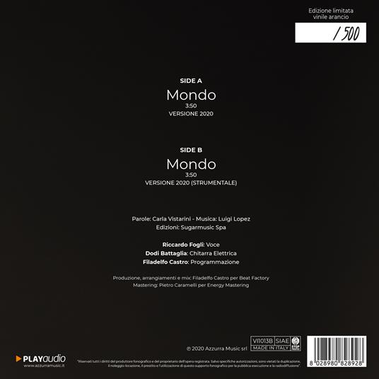 Mondo 2020 (feat. Dodi Battaglia) (Limited Edition - Orange Coloured Vinyl) - Vinile 7'' di Riccardo Fogli - 3