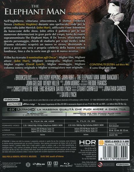 The Elephant Man (Blu-ray + Blu-ray Ultra HD 4K) di David Lynch - Blu-ray + Blu-ray Ultra HD 4K - 2