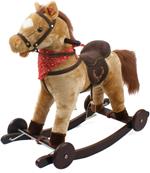 Cavallo a Dondolo Marrone Chiaro con Ruote, Peluche Cavalcabile, Nitrisce e Muove la Bocca