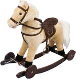 Cavallo a Dondolo Beige con Ruote, Peluche Cavalcabile, Nitrisce e Muove la Bocca