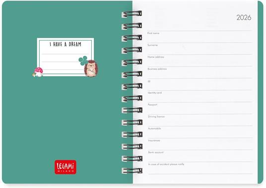 Agenda Legami 12 mesi, 2026, settimanale, Small Weekly Spiral Bound - Hedgehog - 3