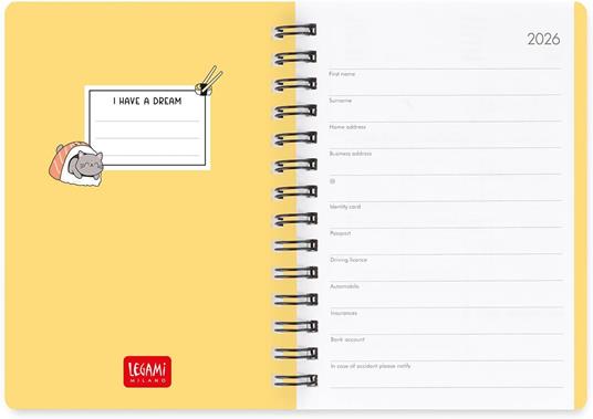 Agenda Legami 12 mesi, 2026, settimanale, Small Weekly Spiral Bound - Sushi Cat - 3