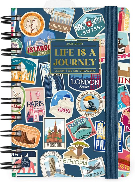 Agenda Legami 12 mesi, 2026, giornaliera, Small Daily Spiral Bound - Travel Stickers