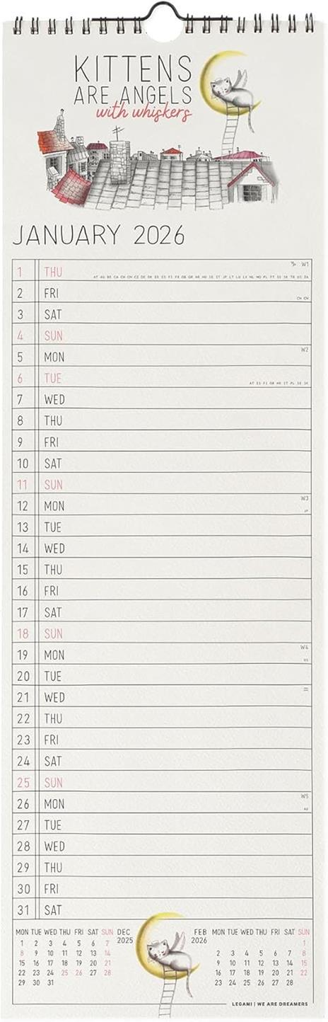Calendario 2026 da Parete  - Sketchy Cats - 16 x 49 cm - 2