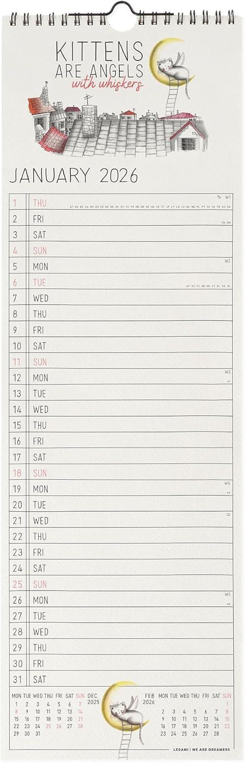 Calendario 2026 da Parete  - Sketchy Cats - 16 x 49 cm - 2