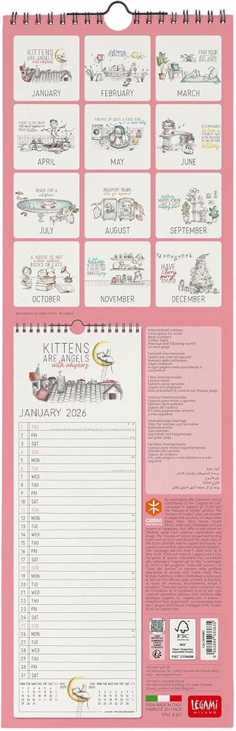 Calendario 2026 da Parete  - Sketchy Cats - 16 x 49 cm - 3
