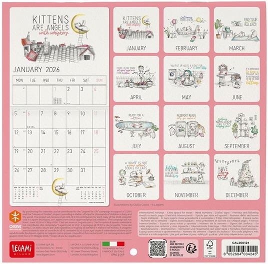 Calendario 2026 da Parete  - Sketchy Cats - 18 x 18 cm - 3