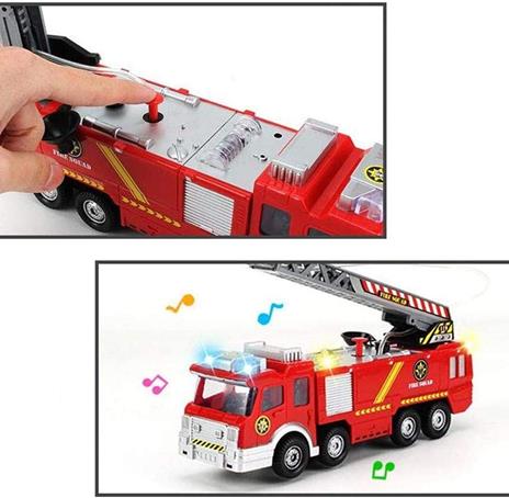 BAKAJI Camion dei Pompieri Giocattolo per Bambini a Batteria con Pompa Spruzza Acqua Braccio Allungabile e Girevole Sirena Luci Suoni e Movimento Mistero Bump e Go Dimensione: 24 x 6 x 9 cm - 4