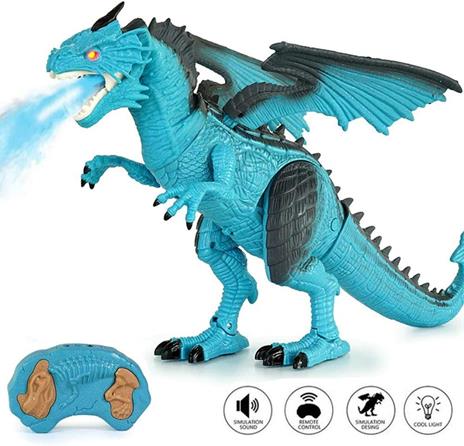 Bakaji Drago Dinosauro Robot Radiocomandato Giocattolo per Bambini con Luci Suoni ed Effetto Sputa Fuoco con Fumo Cammina Muove Testa e Ali Curato in Ogni Dettaglio Altezza 47 cm - 2