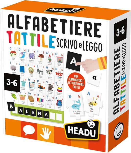 HEADU - Alfabetiere Tattile Scrivo e Leggo, L'unico con Compositoio e Letterine Mobili, Un Gioco Educativo dai 3 ai 6 anni