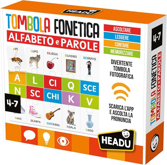 HEADU - Tombola Fonetica Alfabeto e Parole, Un Gioco davvero Divertente, Un Gioco Educativo per Bambini dai 4 ai 7 anni