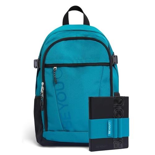 Zaino scuola con zip, tasca interna per PC, diario BE YOU 2025-26 e fascia portapenna. Petrolio