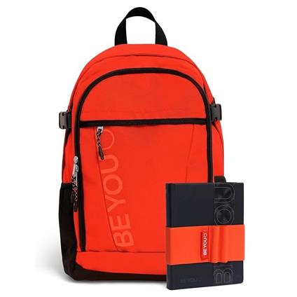 Zaino scuola con zip, tasca interna per PC, diario BE YOU 2025-26 e fascia portapenna. Corallo