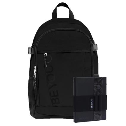 Zaino scuola con zip, tasca interna per PC, diario BE YOU 2025-26 e fascia portapenna. Nero