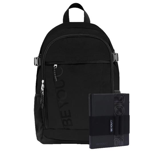 Zaino scuola con zip, tasca interna per PC, diario BE YOU 2025-26 e fascia portapenna. Nero