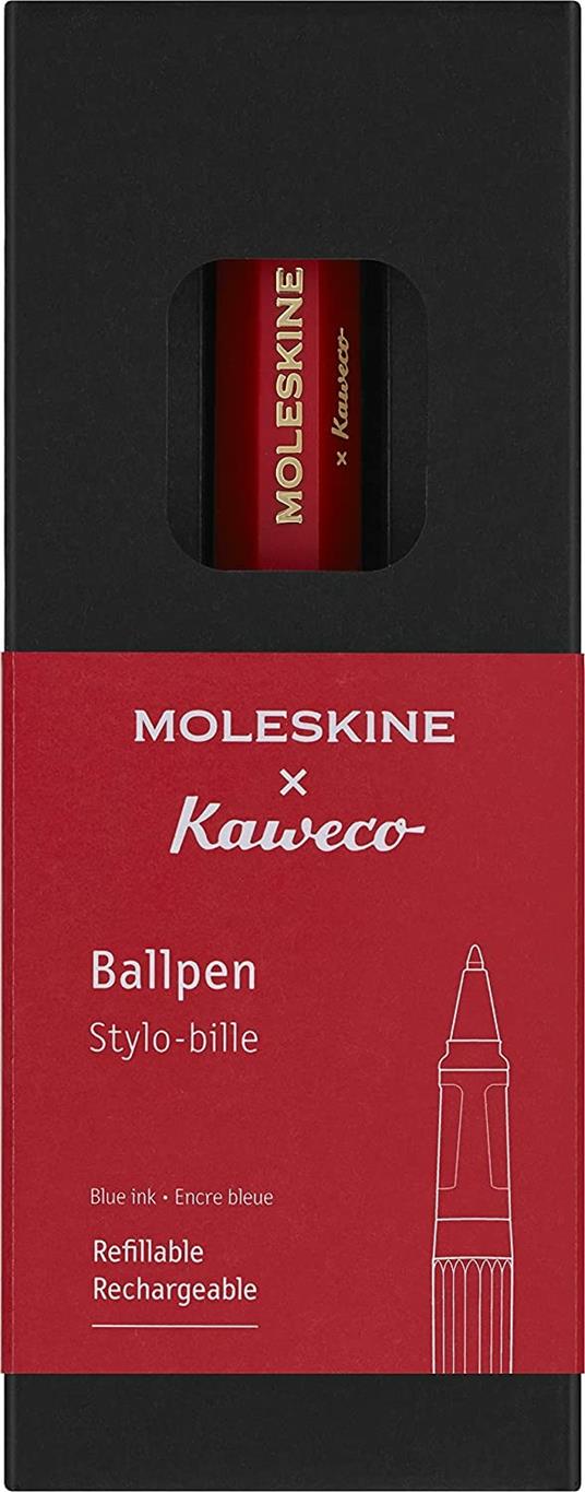 Moleskine x Kaweco, Penna a Sfera Ricaricabile Ricaricabile con 1,0 mm di Inchiostro Blu Incluso, Colore Rosso