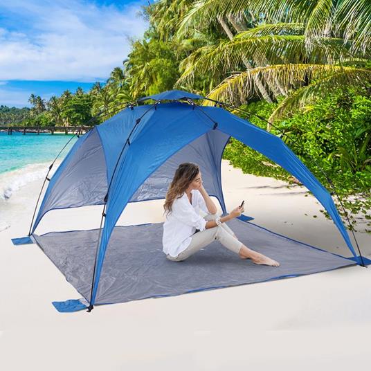 Tenda da Spiaggia Pop Up con Corde e Paletti in Poliestere Blu