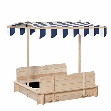 Outsunny Sabbiera per Bambini in Legno con Tettuccio Parasole, Panca e Coperchio, 106x106x121cm Bianco e Blu