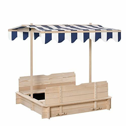 Outsunny Sabbiera per Bambini in Legno con Tettuccio Parasole, Panca e Coperchio, 106x106x121cm Bianco e Blu