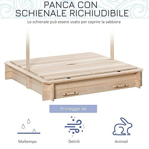 Outsunny Sabbiera per Bambini in Legno con Tettuccio Parasole, Panca e Coperchio, 106x106x121cm Bianco e Blu - 4