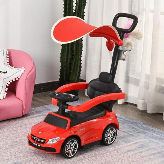 HOMCOM Macchina con Maniglione per Bambini con Tettuccio e Barre di Sicurezza Rimovibili - Rosso - 2