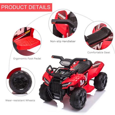 HOMCOM Quad Elettrico per Bambini Fari Funzionanti e Pedale Età 18-36 Mesi - Rosso - 3