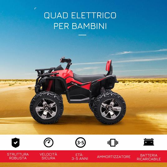 HOMCOM Quad per Bambini Elettrico 12V con Fari Funzionanti e Pedale, Batteria Ricaricabile, Età 3-5 Anni, 100x65x73cm - Nero/Rosso - 3