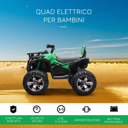 HOMCOM Quad per Bambini Elettrico 12V con Fari Funzionanti e Pedale, Batteria Ricaricabile, Età 3-5 Anni, 100x65x73cm - Nero/Verde - 3