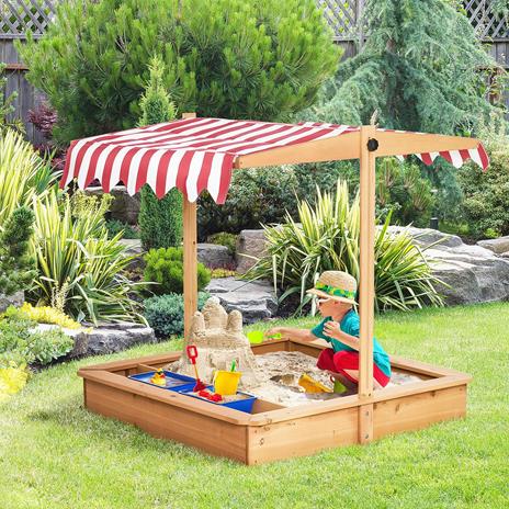 Outsunny Sabbiera per Bambini in Legno con Tettuccio Regolabile, Sedute e Vaschette, 107.5x107.5x110cm - 2