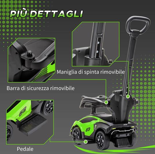 AIYAPLAY Macchina per Bambini 2 in 1 Marchio Lamborghini, Macchinina a Spinta con Maniglione e Barriera di Sicurezza, Volante e Clacson, Verde - 4