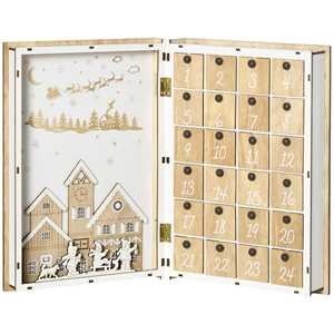Idee regalo HOMCOM Calendario Avvento di Natale in Legno a forma di Libro con Temi natalizi, 22x7x32 cm, Bianco e color Legno HomCom