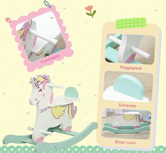 AIYAPLAY Cavallo a Dondolo per Bambini 1-3 Anni con Maniglie, Schienale e Pedali in MDF, 68L x 27P x 47.5A cm, Multicolore - 3