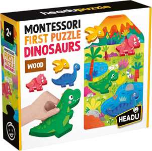 Giocattolo Headu - Montessori First Puzzle Dinosaurs, Grandi pezzi e grandi sagome di legno Headu