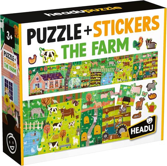 HEADU - Puzzle + Stickers the Farm - Puzzle Educativo per Bambini dai 3 agli 8 anni, Made in Italy