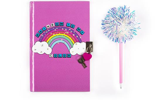 Diario segreto con penna pompom brillante inchiostro nero 180 pagine rigate