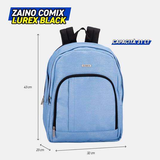 COMIX Lurex - Zaino Scuola per Bambini e Ragazzi, Tasca Frontale, Spallacci Regolabili, 32x43Hx23 cm, 31 L, azzurro - 3