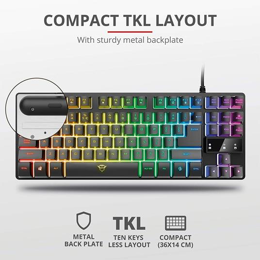 Trust Tastiera Gaming GXT 833 Thado, in Metallo con illuminazione LED Multicolore, Layout Italiano QWERTY, Design Compatto TKL (più piccolo del 20%), Anti-Ghosting, USB Plug & Play, PC/Computer - 4