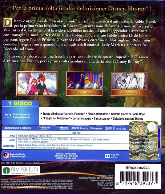 Robin Hood<span>.</span> edizione 40° anniversario di Wolfgang Reitherman,Don Bluth - Blu-ray - 2