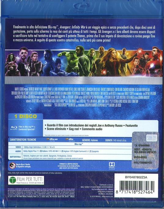 Avengers: Infinity War (Blu-ray) di Joe Russo,Anthony Russo - Blu-ray - 2