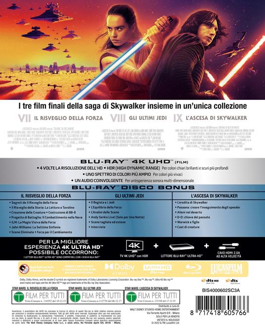Star Wars Trilogia 7-9 (Blu-ray + Blu-ray Ultra HD 4K) - Blu-ray + Blu-ray  Ultra HD 4K - Film di J. J. Abrams Fantasy e fantascienza