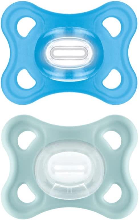 MAM Comfort Ciuccio in Set da 2, 100% Silicone, con Custodia Porta Ciuccio, 2-6 mesi, blu e grigio-verde