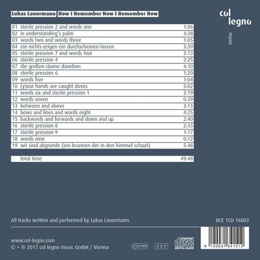 How I Remember Now I Remember How - CD Audio di Lukas Lauermann - 2