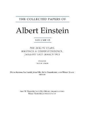 The Collected Papers of Albert Einstein, Volume 13: The Berlin Years: Writings & Correspondence, January 1922 - March 1923 (English Translation Supplement) - Albert Einstein - cover