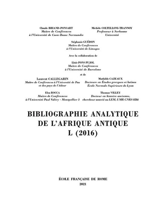 Bibliographie analytique de l’Afrique antique L (2016)