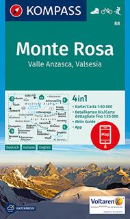 Carta escursionistica n. 88 - Monte Rosa, Valle Anzasca, Valsesia con guida 1:50.000. Ediz. italiana, tedesca e inglese