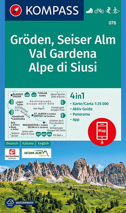 Carta escursionistica n. 076. Val Gardena, Alpe di Siusi 1:25.000 Ediz. italiana, tedesca e inglese - copertina