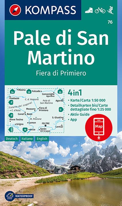 Carta escursionistica n. 76. Pale di San Martino, Fiera di Primiero 1:50.000. Ediz. italiana, tedesca e inglese - copertina
