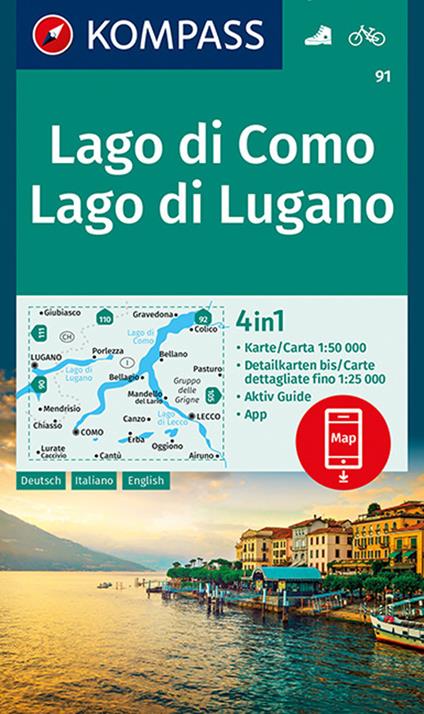 Carta escursionistica n. 91. Lago di Como, Lago di Lugano, 1:50.000. Ediz. italiana, tedesca e inglese - copertina